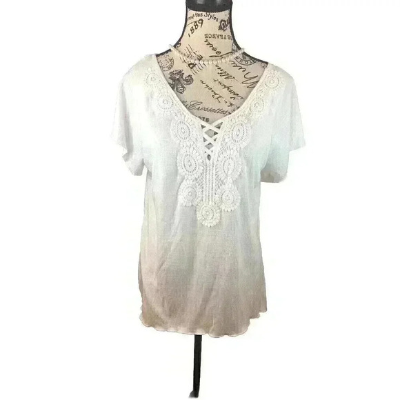 Above And Beyond Large White Gauze Blouse Crocheted Front Flutter S/S - Picture 1 of 5
